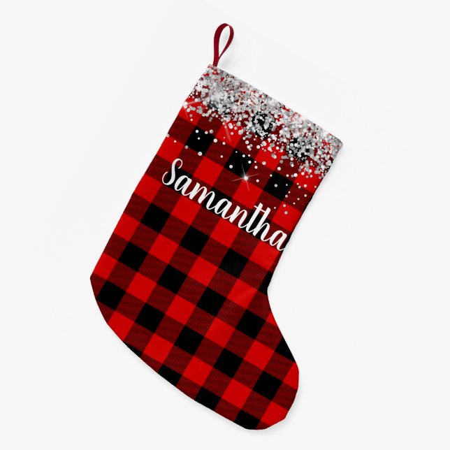 Silver Glitter Röd och Svart Buffalo Rutig Liten Julstrumpa (Framsidan (Hängande))
