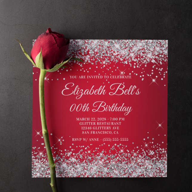 Silver Glitter Röd Ombre Fancy Monogram Födelsedag Inbjudningar (Sparkly Silver Glitter Red Ombre Birthday Invitation)