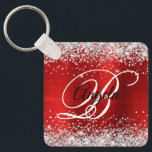 Silver Glitter Röda foil Finare Monogram Nyckelring<br><div class="desc">Elegant silver glitter med gnistor mot en fläckfri bild av metall med fläckad penselbild. Det går att anpassa kalligrafimonogrammet för svart och vitt finare i mitten. All sparsam och glansig inslag i denna moderna gigantiska design är digital grafik. Monogrammed värdefull nyckelring party favors för hennes speciella födelsedag.</div>