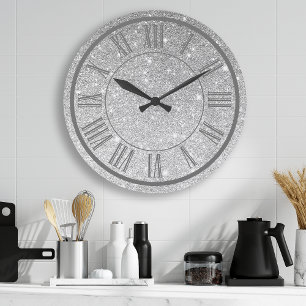 Silver Glitter Romerska Siffror Glitter Girly Stor Klocka