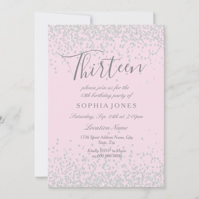 Silver Glitter Rosa 13:e födelsedag Inbjudan (Framsida)