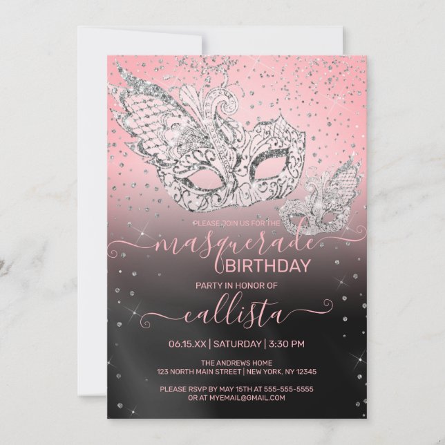 Silver Glitter Rosa Black Masqueraaddag Inbjudningar (Framsida)