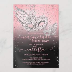 Silver Glitter Rosa Black Masqueraaddag Inbjudningar
