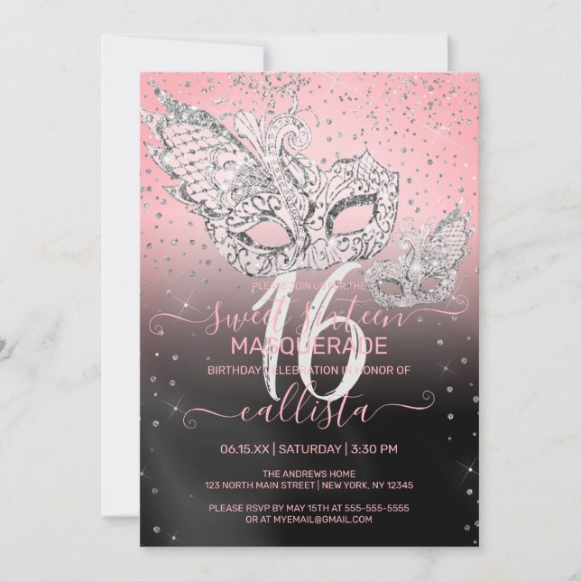 Silver Glitter Rosa Black Masqueravaret Sweet 16 Inbjudningar (Framsida)