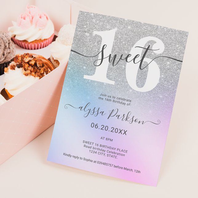 Silver glitter rosa blått chic, grått sötat 16 inbjudningar (Skapare uppladdad)