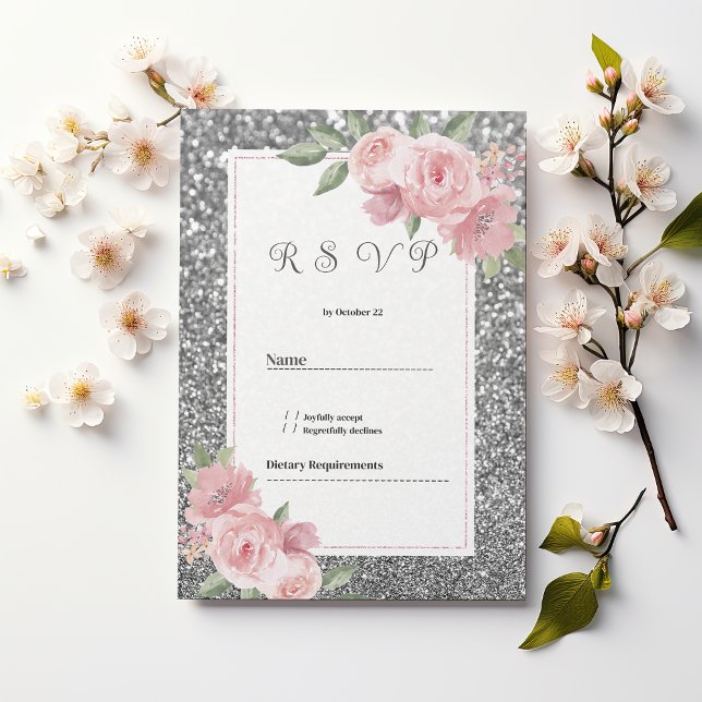 Silver glitter rosa blommig RSVP  Inbjudningar (Silver sparkly glitter pink floral RSVP)
