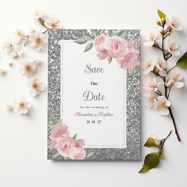 Silver glitter rosa blommig Save The Date  Inbjudningar (Silver sparkly glitter pink floral Save The Date)