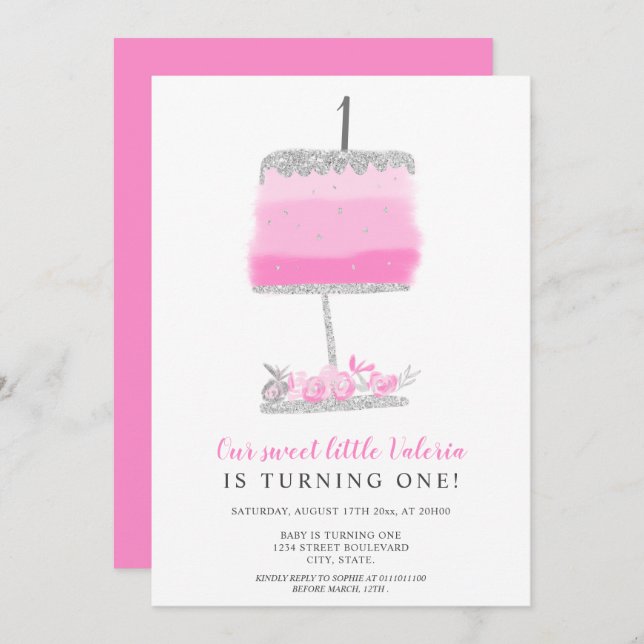 Silver glitter rosa blommigt kaka första födelseda inbjudningar (Fram/baksida)