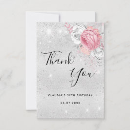 Silver glitter rosa blommigt vid födelsedagen tack kort