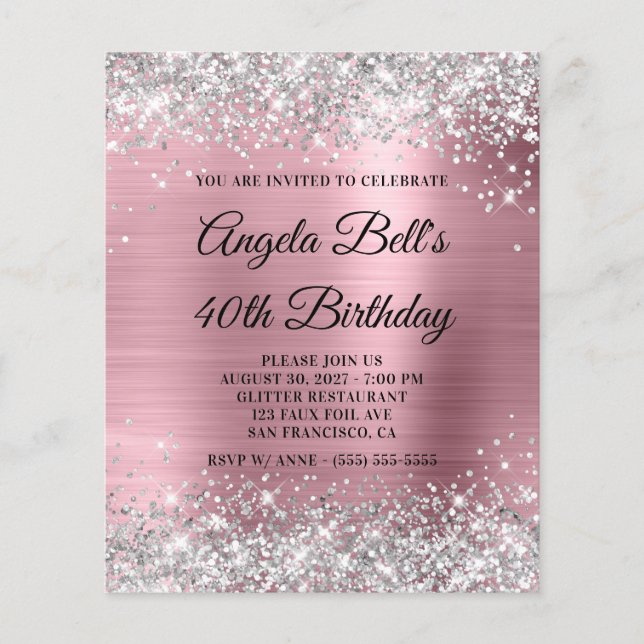 Silver Glitter Rosa Foil 40 Birthday Inbjudan Flygblad (Framsidan)