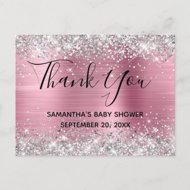Silver Glitter Rosa Folie Baby Shower Tack Kort (Framsida)
