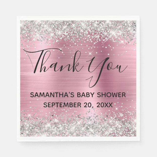 Silver Glitter Rosa Folie Baby Shower Tacksamhetsk Pappersservett (Framsidan)