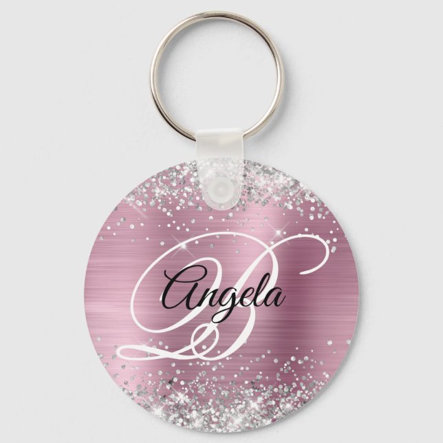 Silver Glitter Rosa Folie Fancy Monogram Nyckelring (Framsida)