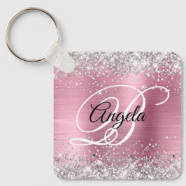 Silver Glitter Rosa Folie Fancy Monogram Nyckelring