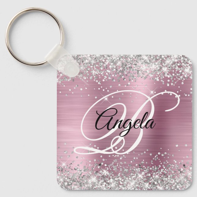 Silver Glitter Rosa Folie Fancy Monogram Nyckelring (Framsida)