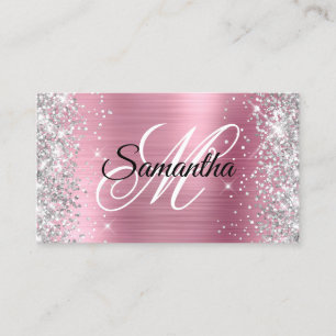 Silver Glitter Rosa Folie Fancy Monogram Visitkort