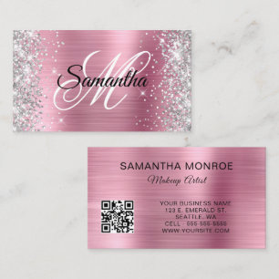 Silver Glitter Rosa Folie Monogram QR-kod Visitkort