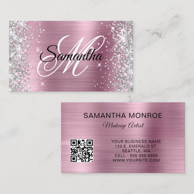 Silver Glitter Rosa Folie Monogram QR-kod Visitkort (Fram/baksida)