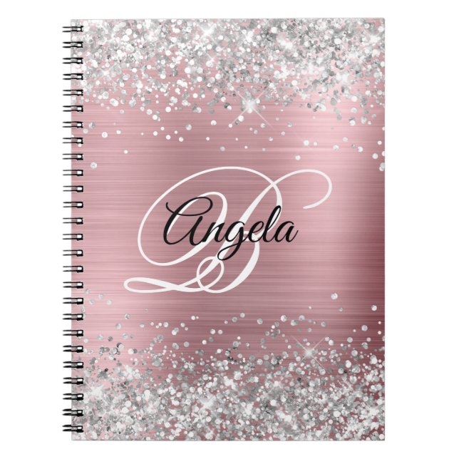 Silver Glitter Rosa Metallisk Fin Monogram Anteckningsbok (Framsidan)