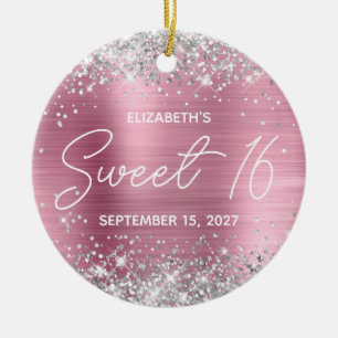 Silver Glitter Rosa Modernt Snyggt Sweet 16 Foto Julgransprydnad Keramik