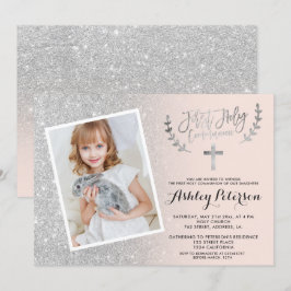 Silver glitter rosa  om första foto inbjudningar