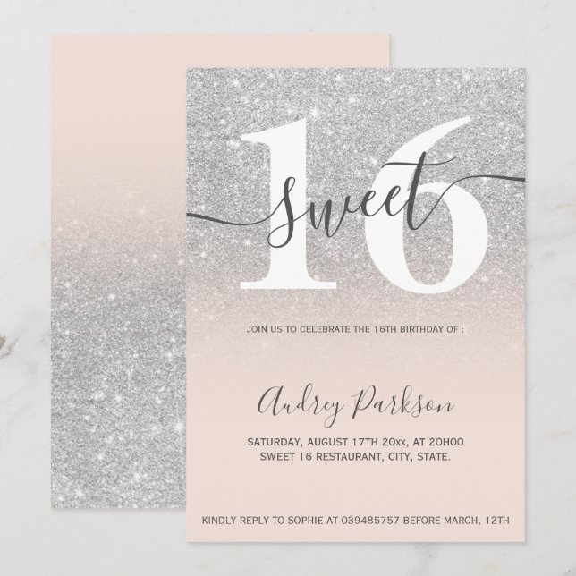 Silver glitter  rosa ombre giliche Sweet 16 Inbjudningar (Fram/baksida)