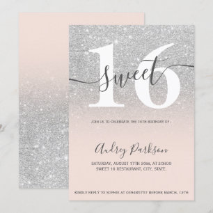 Silver glitter rosa ombre giliche Sweet 16 Inbjudningar