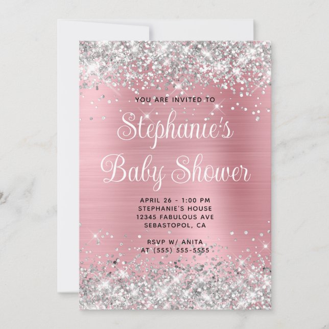Silver Glitter Rosa Online Registry Baby Shower Inbjudningar (Framsida)