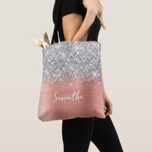 Silver Glitter Rosa Persika Glam Namn Tygkasse