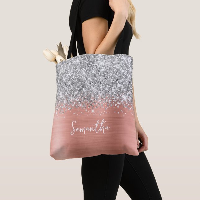 Silver Glitter Rosa Persika Glam Namn Tygkasse (Närbild)
