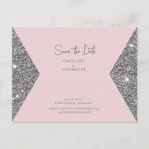 Silver Glitter & Rosa Photo Bröllop spara datum Vykort