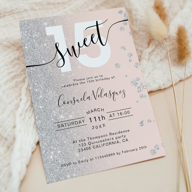 Silver glitter  rosa Quinceanera-fotobudget (Silver glitter blush pink Quinceanera photo budget)