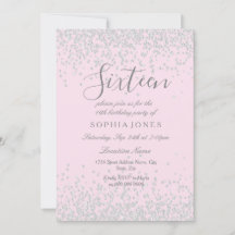 Silver Glitter Rosa Söt 16 16:e födelsedag Inbjuda