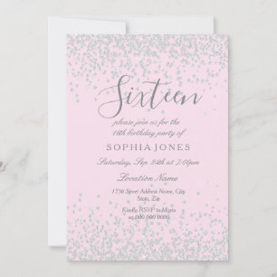 Silver Glitter Rosa Söt 16 16:e födelsedag Inbjuda Inbjudningar