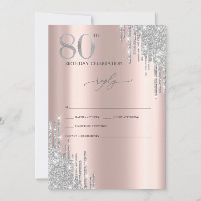 Silver Glitter Rose Gold 80-årsfirande RSVP   Inbjudningar (Framsida)