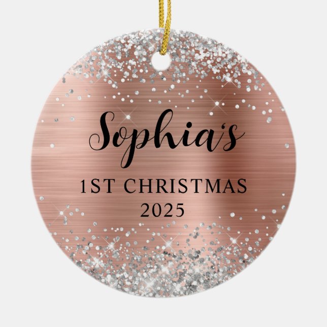 Silver Glitter Rose Gold Foil 1st Christmas Photo Julgransprydnad Keramik (Framsidan)