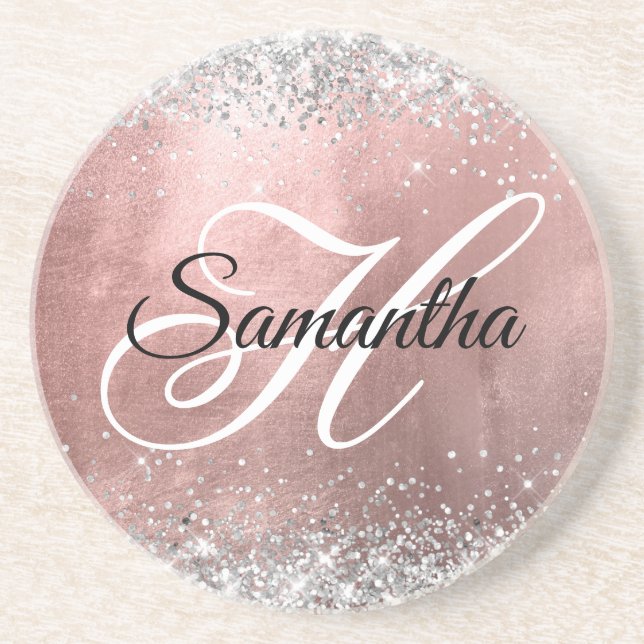 Silver Glitter Rose Gold Foil Fancy Monogrammed Underlägg (Framsidan)