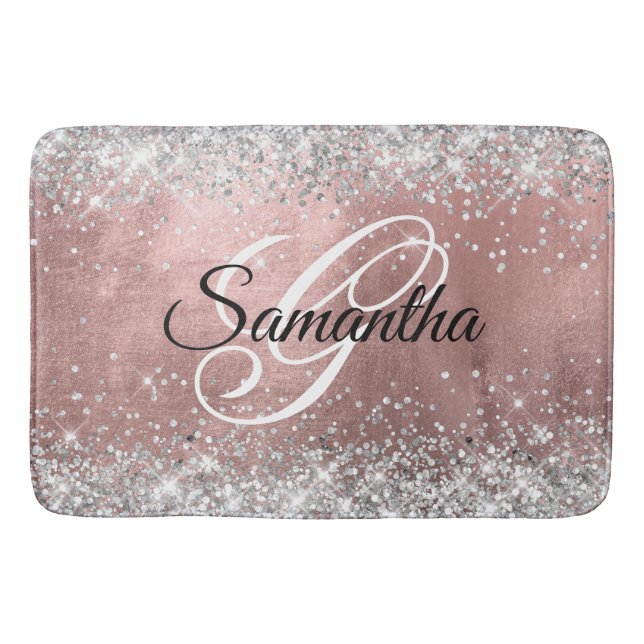 Silver Glitter Rose Gold Folie Fancy Monogram Badrumsmatta (Framsidan)