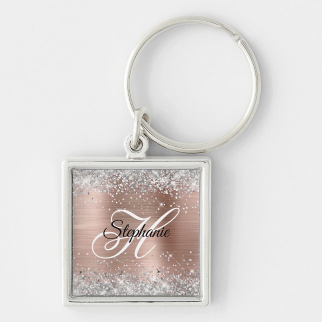 Silver Glitter Rose Gold Folie Fancy Monogram Fyrkantig Silverfärgad Nyckelring (Framsidan)