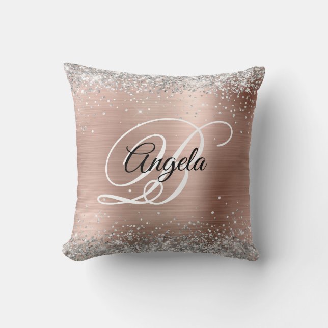 Silver Glitter Rose Gold Folie Fancy Monogram Kudde (Framsida)