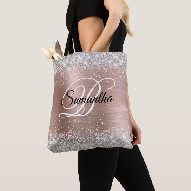 Silver Glitter Rose Gold Folie Fancy Monogram Tygkasse (Närbild)