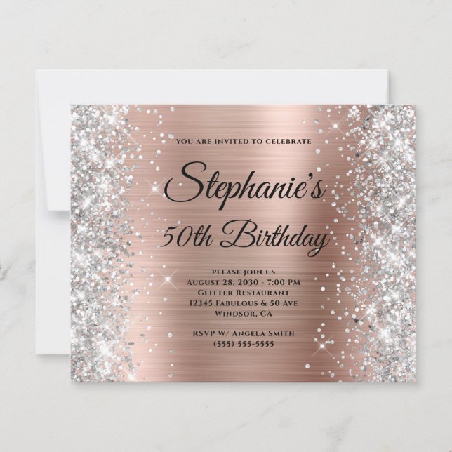 Silver Glitter Rose Gold Folie Monogram 50 Födelse (Framsida)