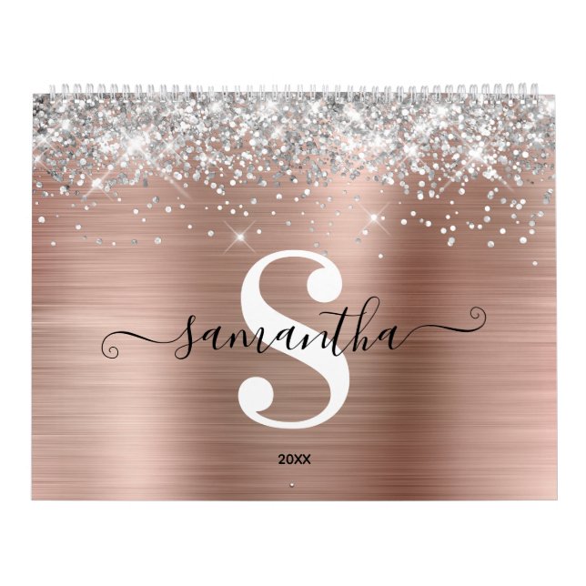 Silver Glitter Rose Gold Folie Monogram Foto Kalender (Omslag)