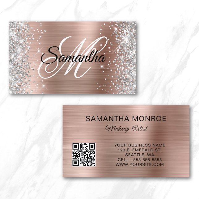 Silver Glitter Rose Gold Folie Monogram QR-kod Visitkort (Silver Glitter Rose Gold Foil Monogram QR Code Business Card)