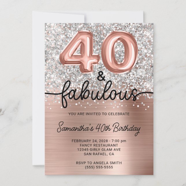 Silver Glitter Rose Gold Glam 40 and Fabulous Inbjudningar (Framsida)