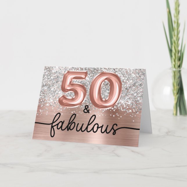 Silver Glitter Rose Gold Glam 50 och Fantastisk Kort (Framsida)