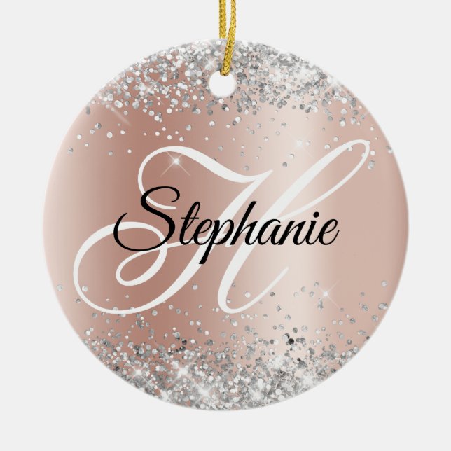 Silver Glitter Rose Gold Glans Fancy Monogram Julgransprydnad Keramik (Framsidan)