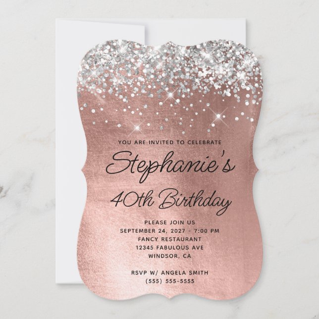 Silver Glitter Rose Gold Monogram 40-årsdag Inbjudningar (Framsida)