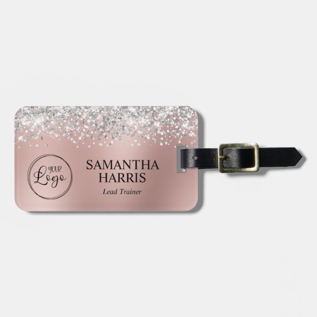 Silver Glitter Rose Gold Ombre Logotyp Bagagebricka (Horisontell Framsida)