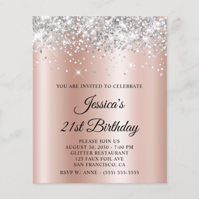 Silver Glitter Rose Gold Shimmer 21-årsdag Flygblad (Framsidan)